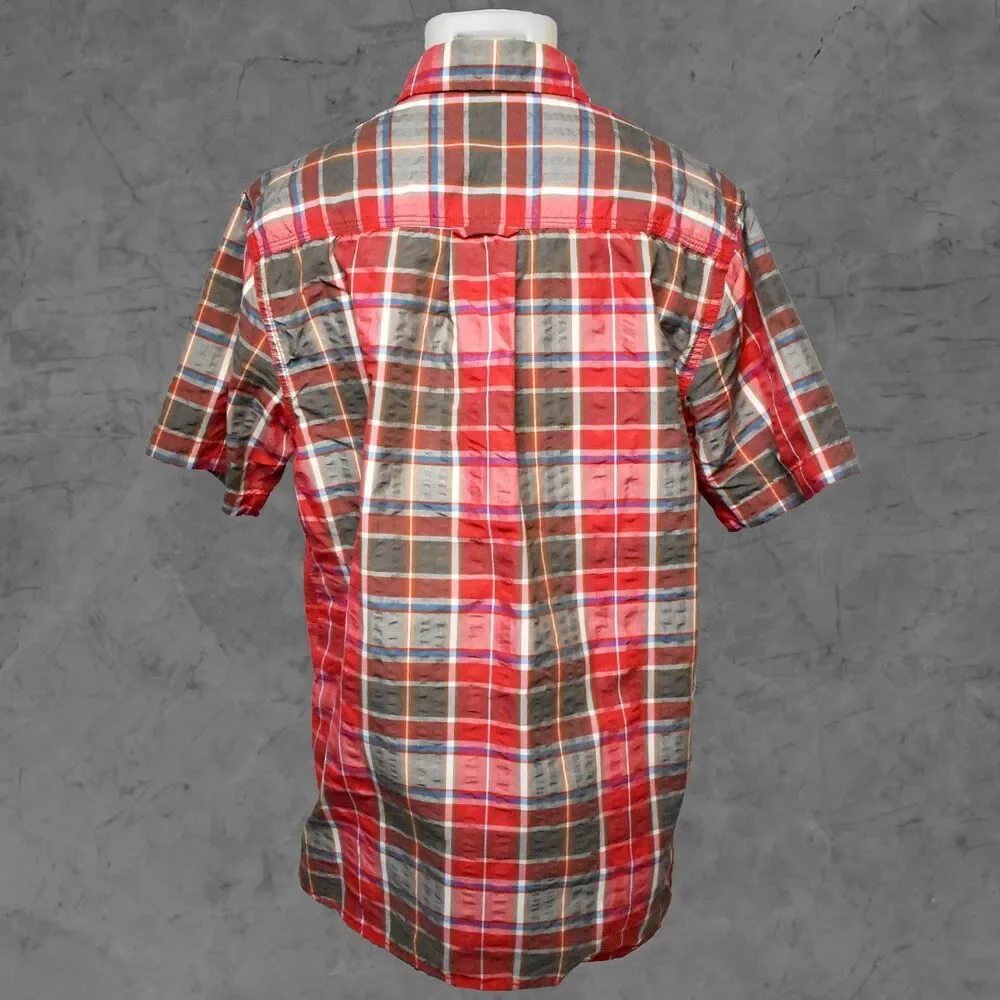 The North Face Plaid Camp Shirt Men's M Red Olive Button-Front Short Sleeve